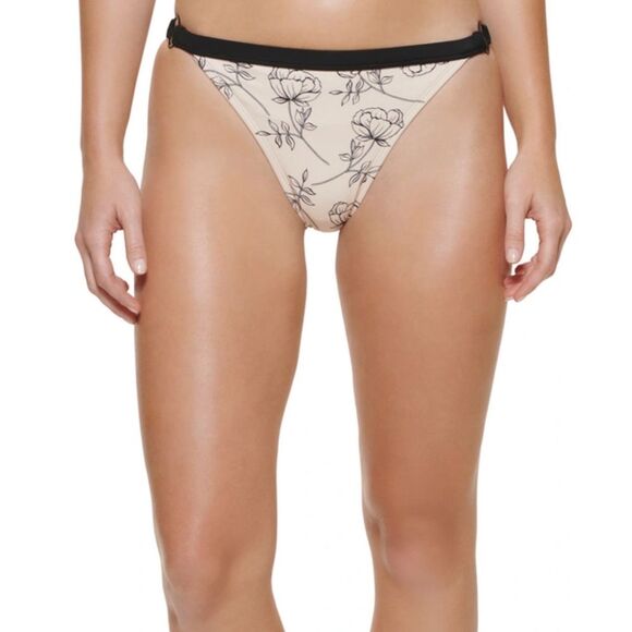 NWT Calvin Klein Logo Ring Printed Bikini Bottoms Cream Multi Sz L Swim Vacation - Picture 1 of 12